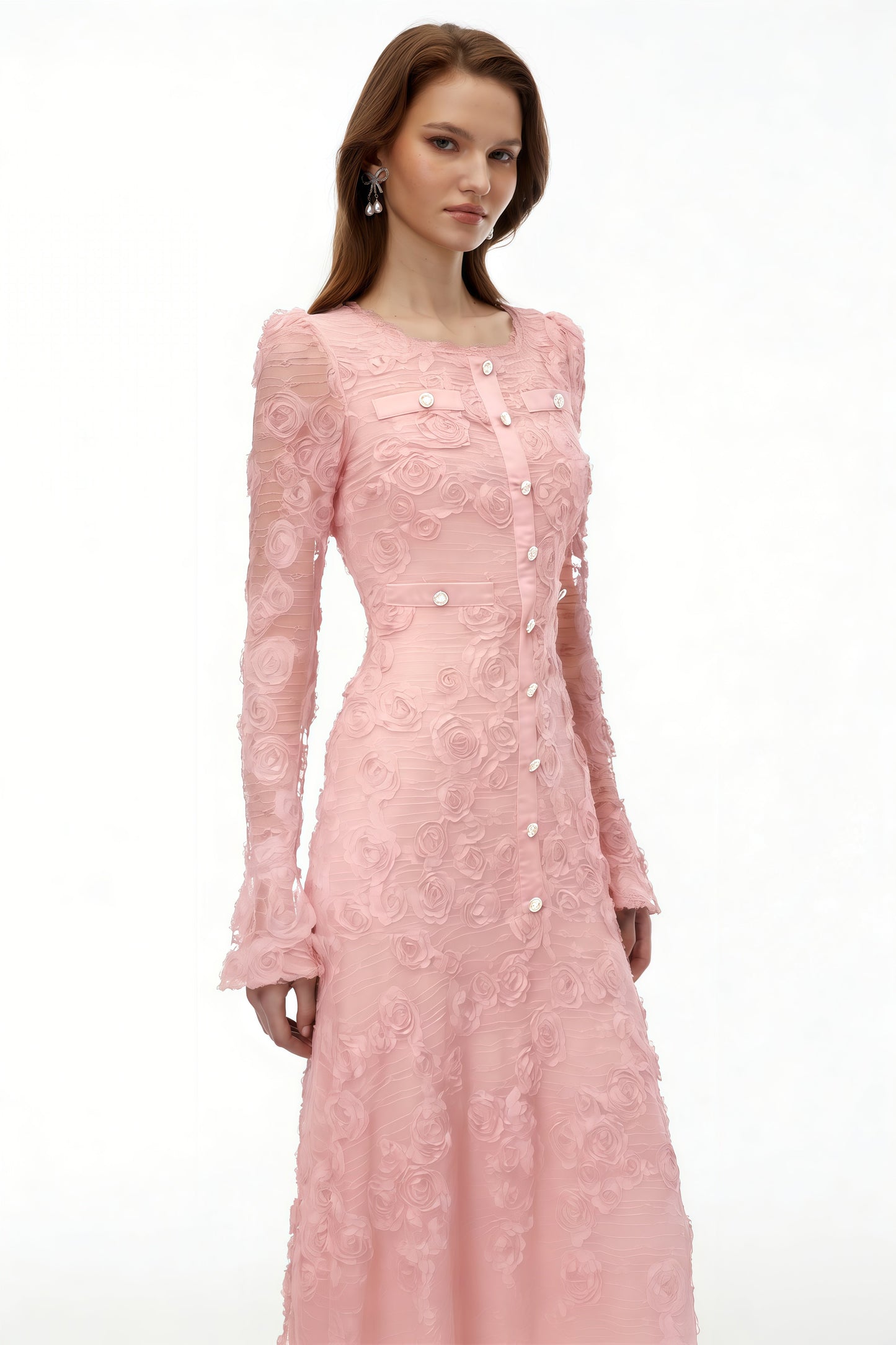 Branwen Pink 3D-Floral Embroidered Lace Maxi Dress
