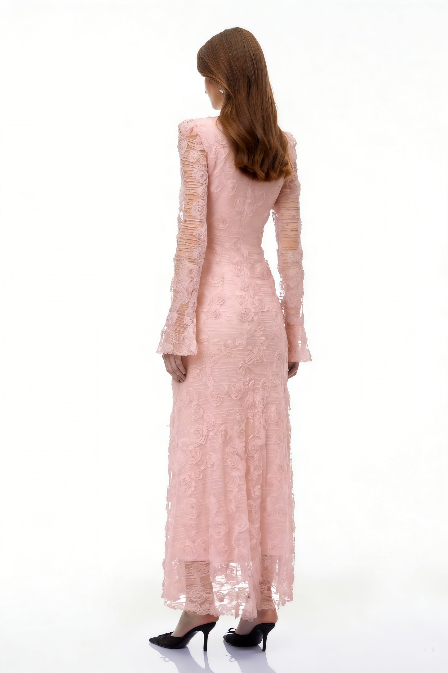 Branwen Pink 3D-Floral Embroidered Lace Maxi Dress