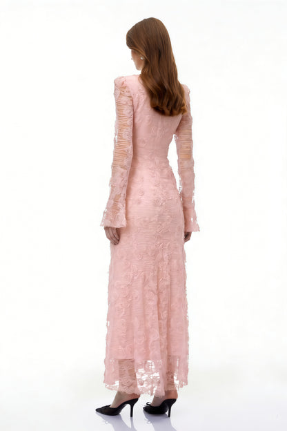 Branwen Pink 3D-Floral Embroidered Lace Maxi Dress