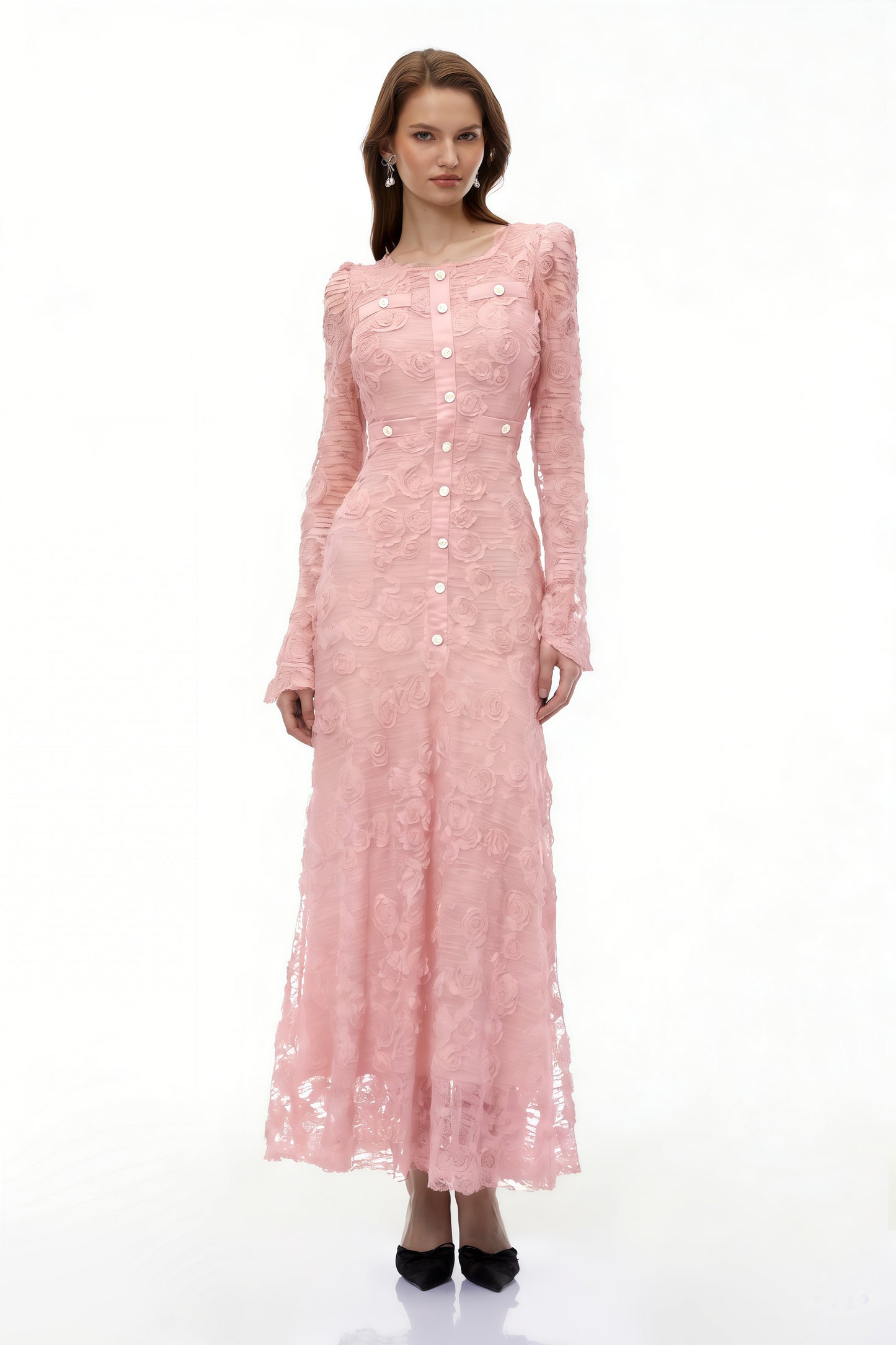 Branwen Pink 3D-Floral Embroidered Lace Maxi Dress