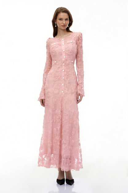 Branwen Pink 3D-Floral Embroidered Lace Maxi Dress