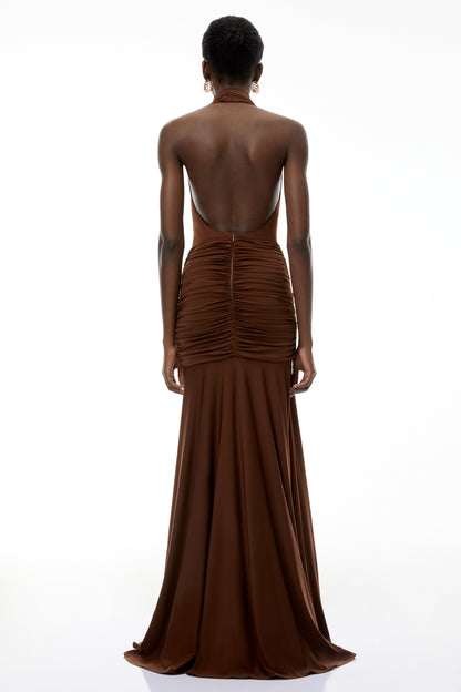 Brianna Chocolate Brown Halterneck Ruched Maxi Dress