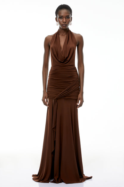 Brianna Chocolate Brown Halterneck Ruched Maxi Dress