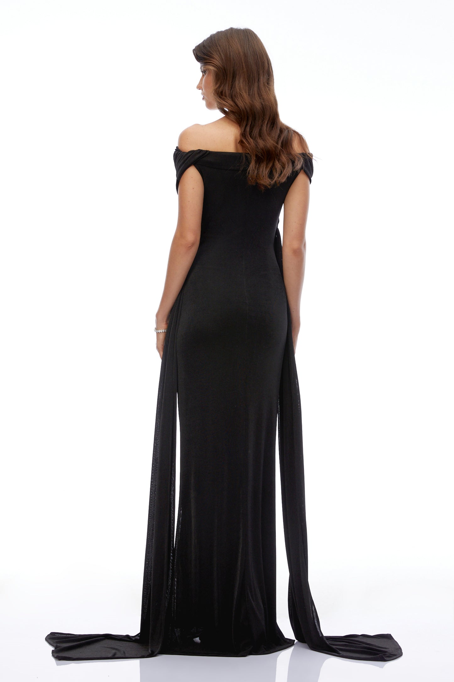 Brielle Black Off Shoulder Ruched Maxi Dress