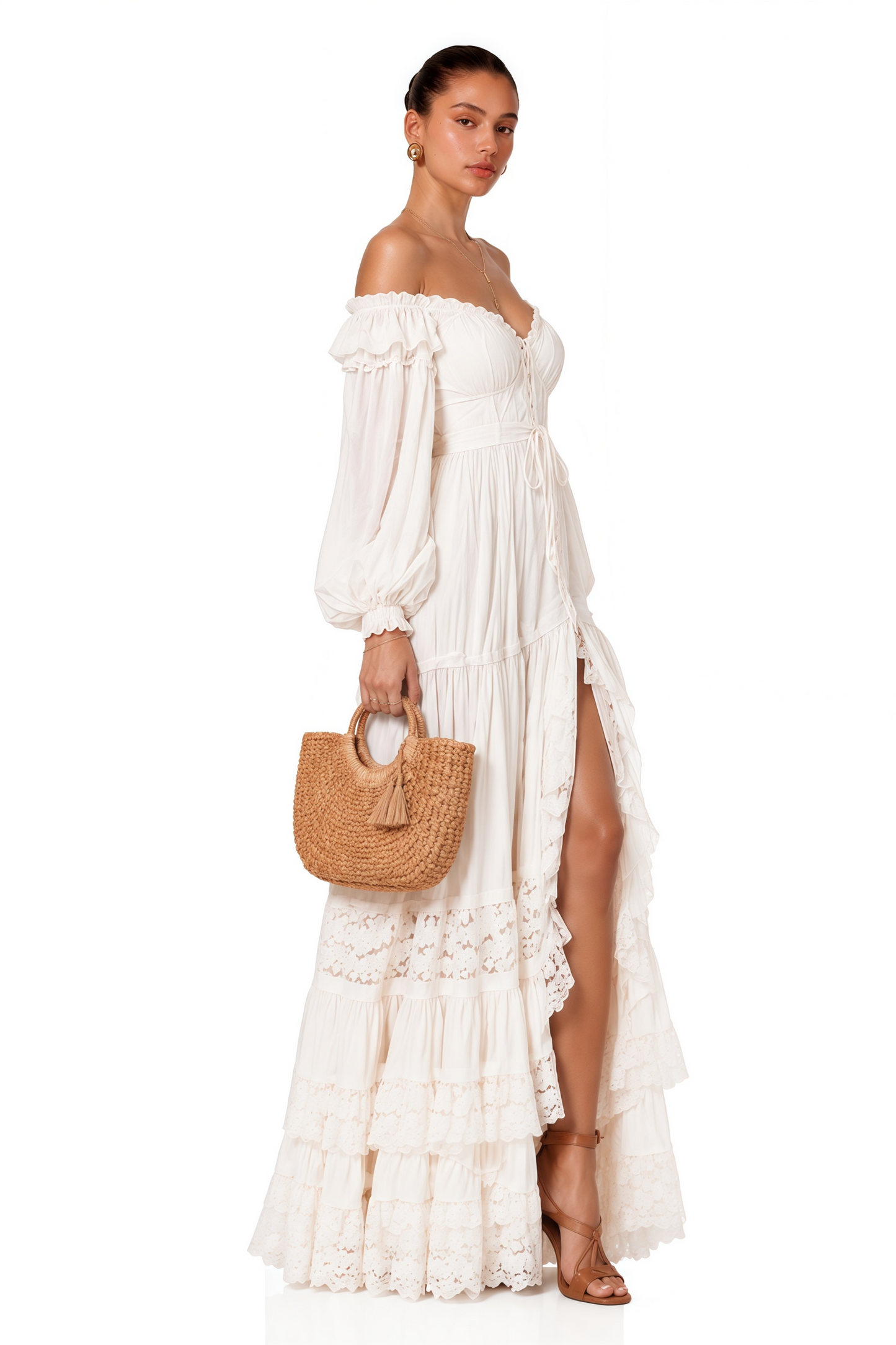 Brielle White Off Shoulder Lace Maxi Dress with Slit