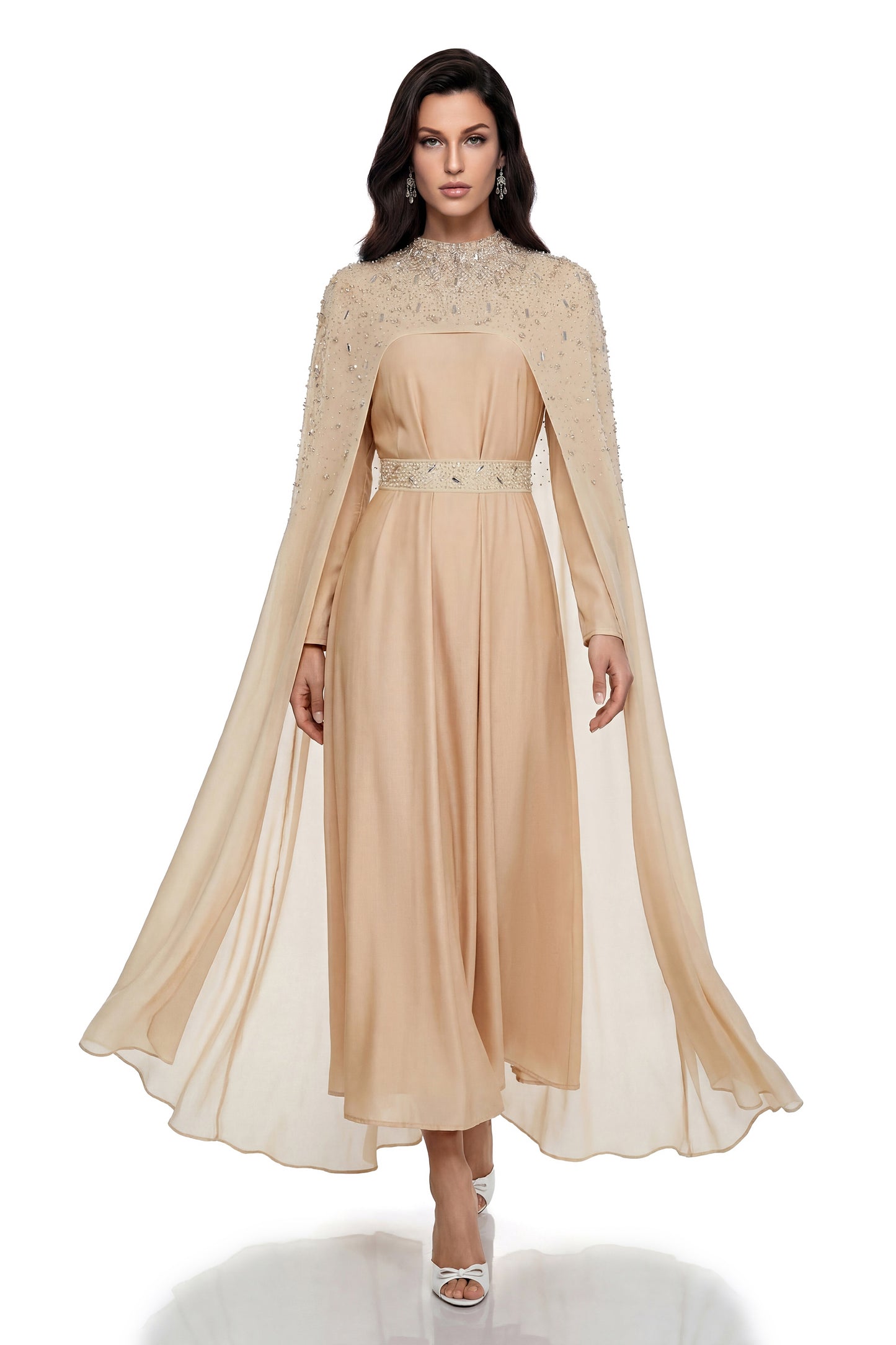 Briseis Champagne Rhinestone Beaded Cape Maxi Dress