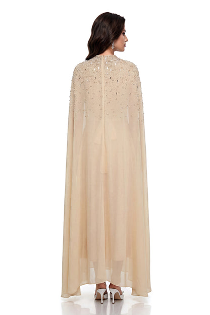 Briseis Champagne Rhinestone Beaded Cape Maxi Dress