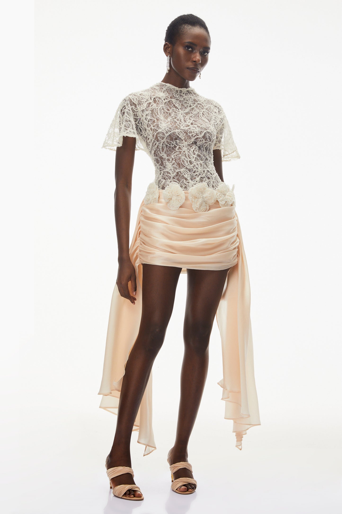 Briseis Neutral Satin Mini Dress with Floral Lace