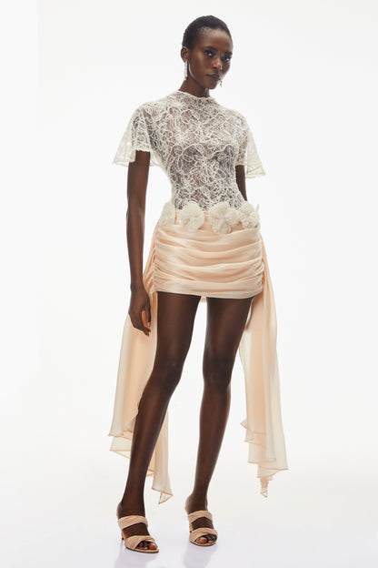 Briseis Neutral Satin Mini Dress with Floral Lace
