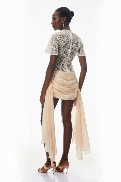 Briseis Neutral Satin Mini Dress with Floral Lace