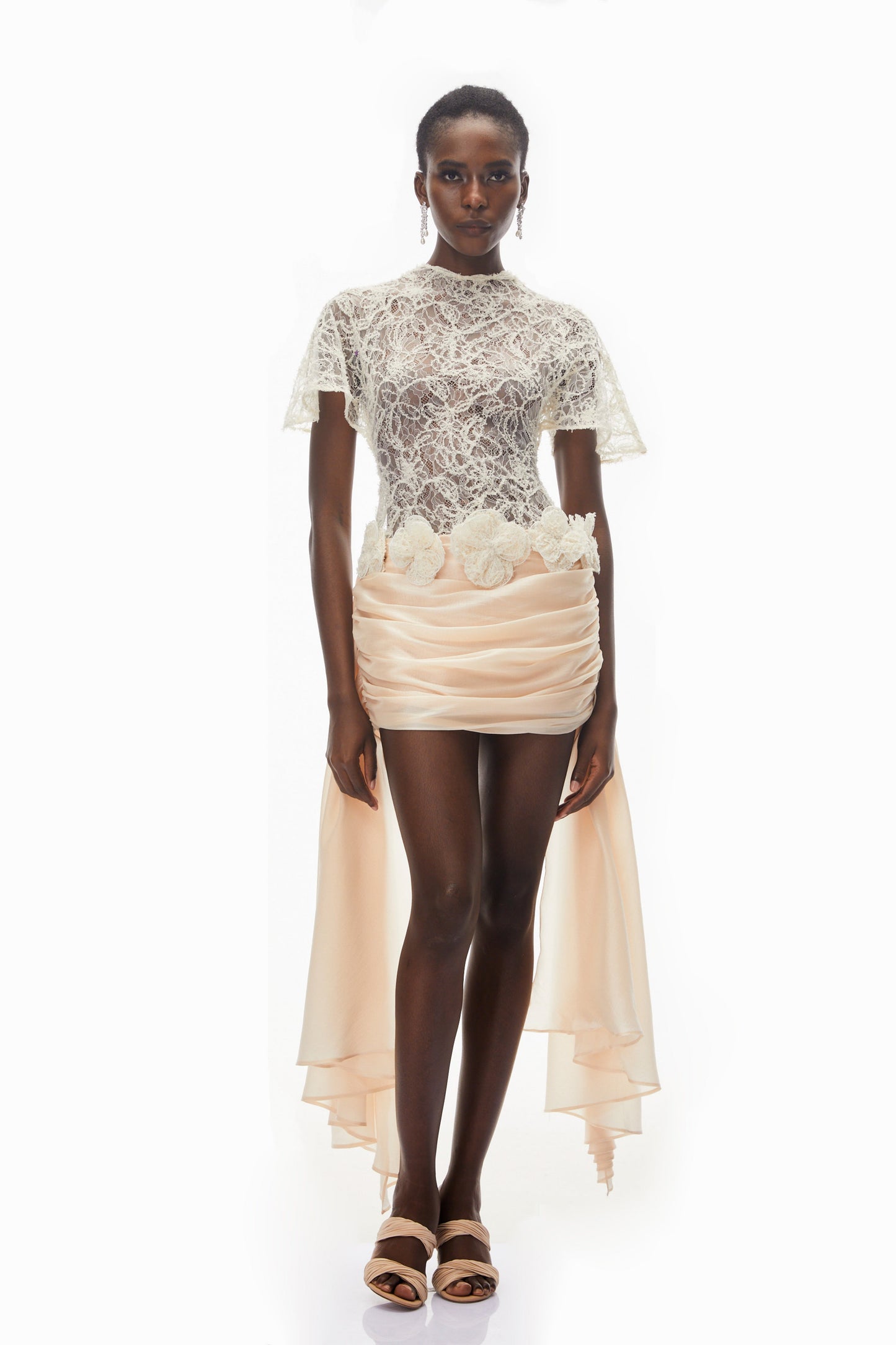 Briseis Neutral Satin Mini Dress with Floral Lace