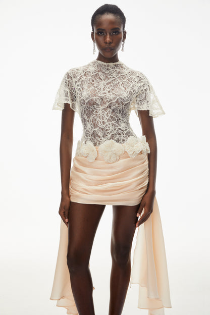 Briseis Neutral Satin Mini Dress with Floral Lace