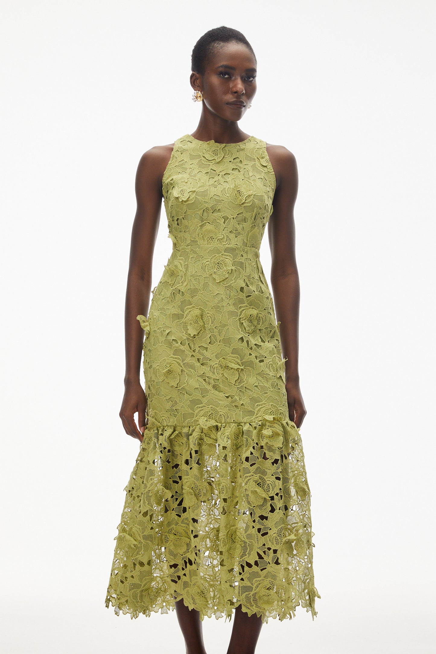 Briseis Olive Green Midi Dress with 3D Florals