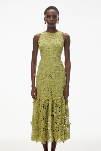 Briseis Olive Green Midi Dress with 3D Florals