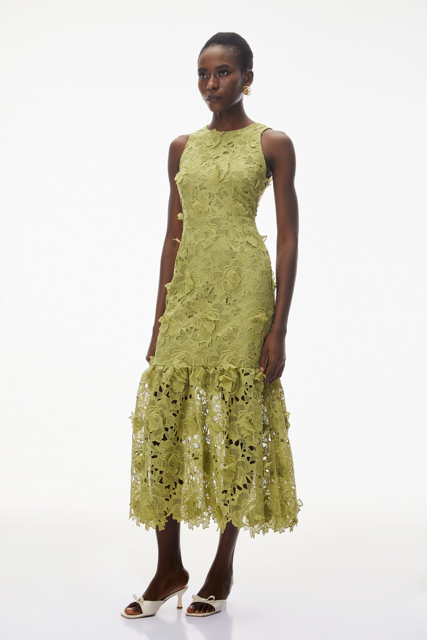 Briseis Olive Green Midi Dress with 3D Florals