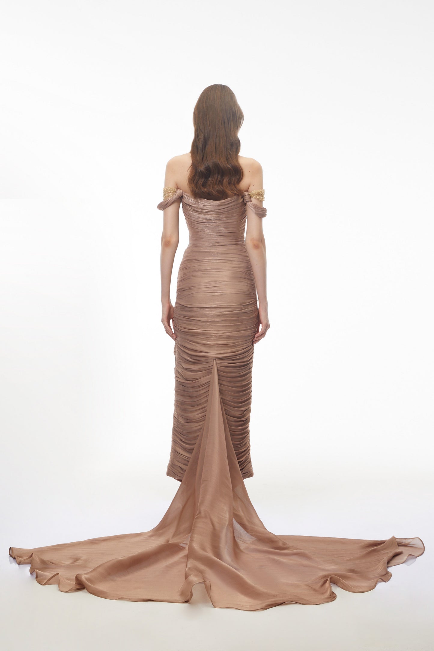 Bruna Gold Taşlı Dantelli Asimetrik Maxi Elbise