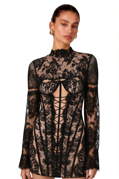 Bulelwa Black Semi-Sheer Floral Lace Mini Dress