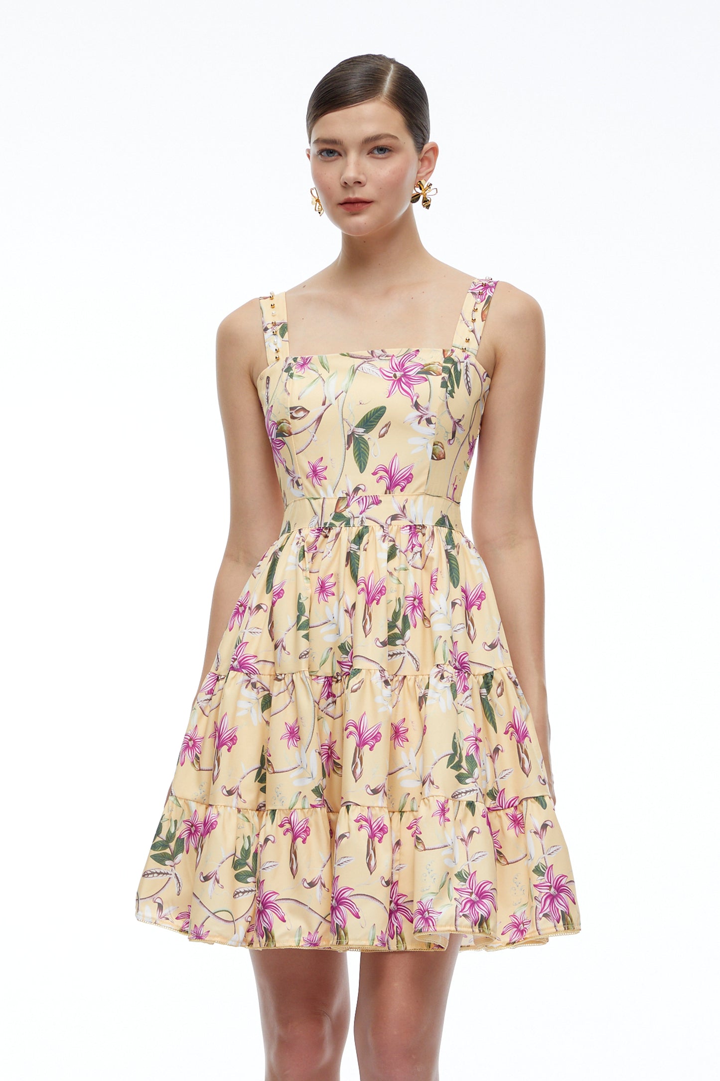Flavie Neutral Floral Square Neck Tiered Mini Dress