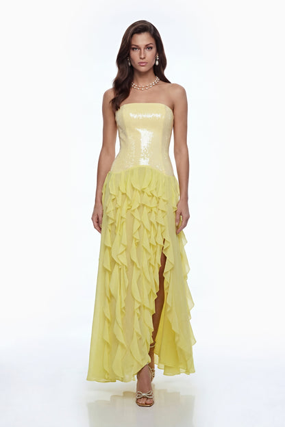 Caelia Yellow Off Shoulder Maxi Dress with Slit