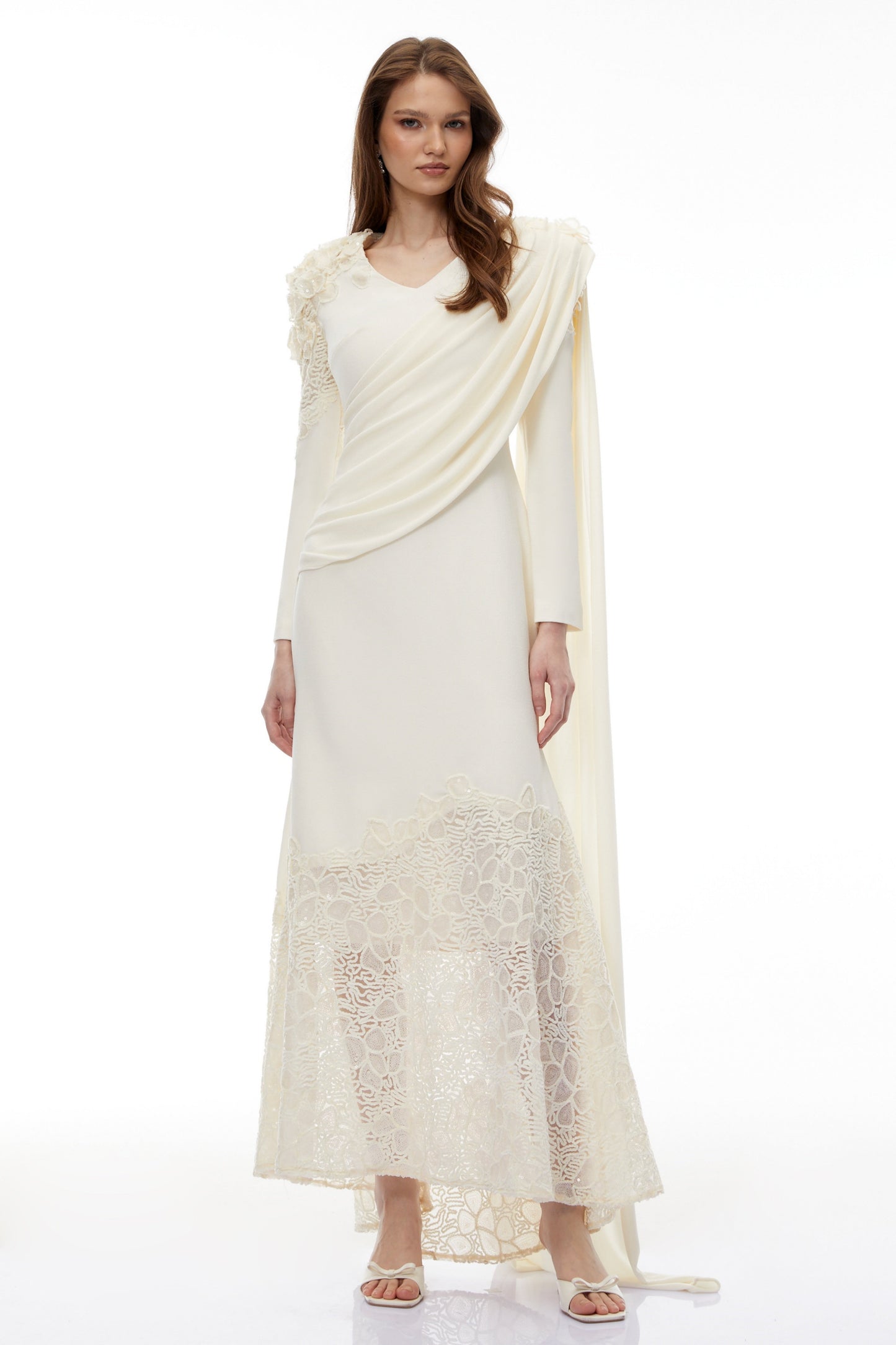 Calanthe Champagne Floral Lace Maxi Dress with Ribbon Detail