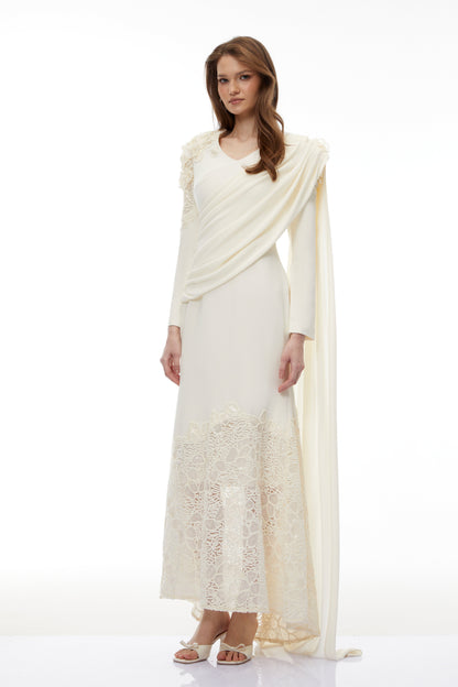 Calanthe Champagne Floral Lace Maxi Dress with Ribbon Detail