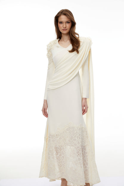 Calanthe Champagne Floral Lace Maxi Dress with Ribbon Detail