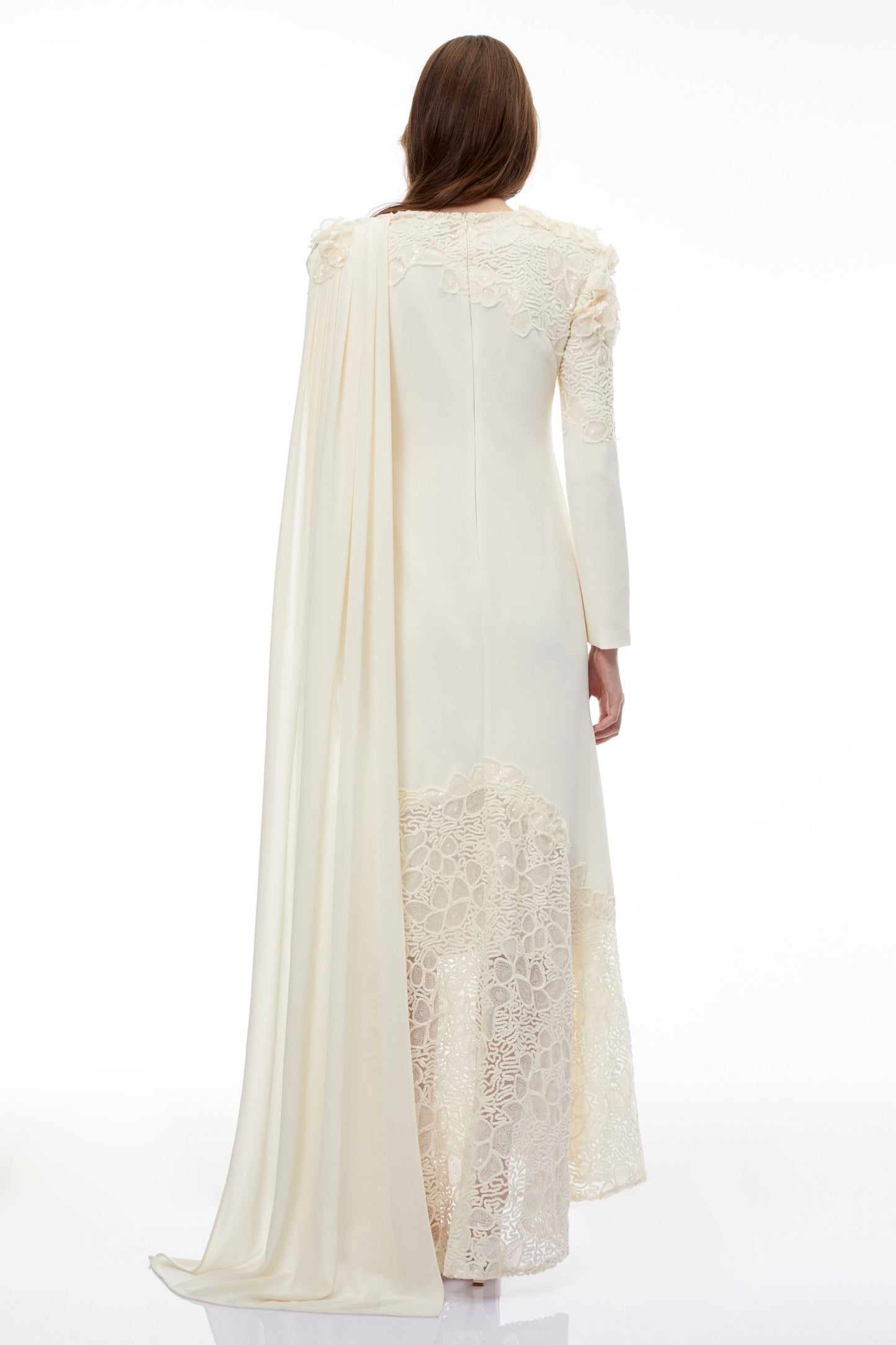 Calanthe Champagne Floral Lace Maxi Dress with Ribbon Detail