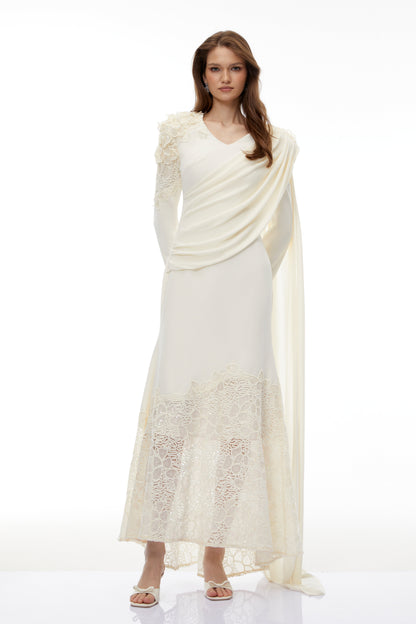 Calanthe Champagne Floral Lace Maxi Dress with Ribbon Detail