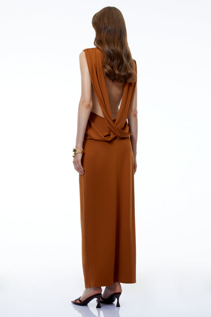 Calanthe Chocolate Brown Backless Ruched Maxi Dress