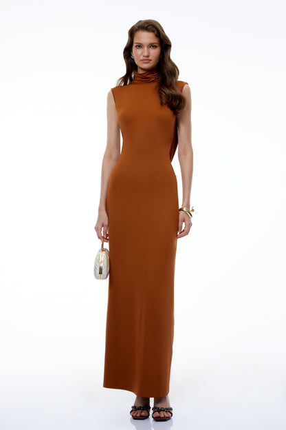 Calanthe Chocolate Brown Backless Ruched Maxi Dress