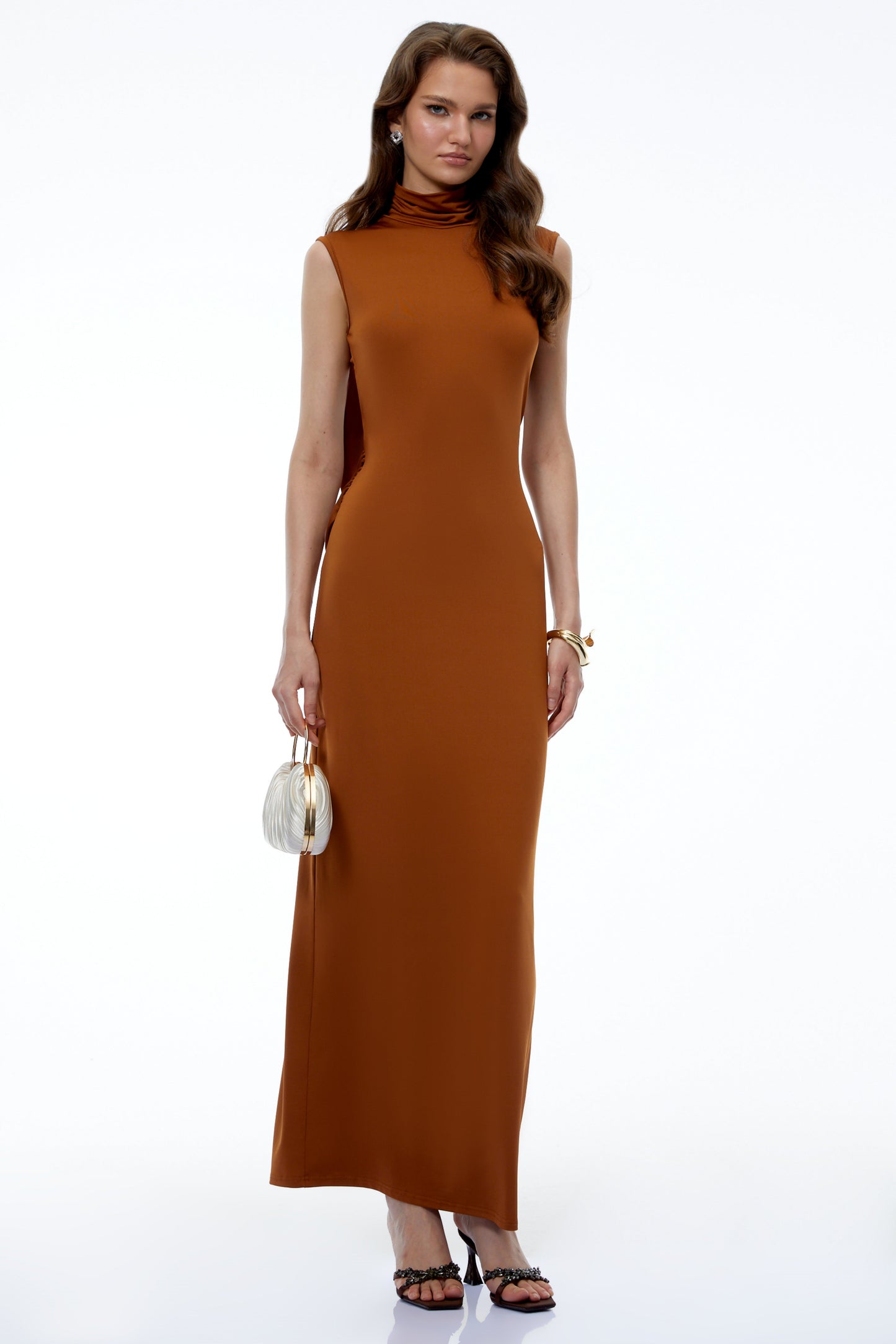 Calanthe Chocolate Brown Backless Ruched Maxi Dress