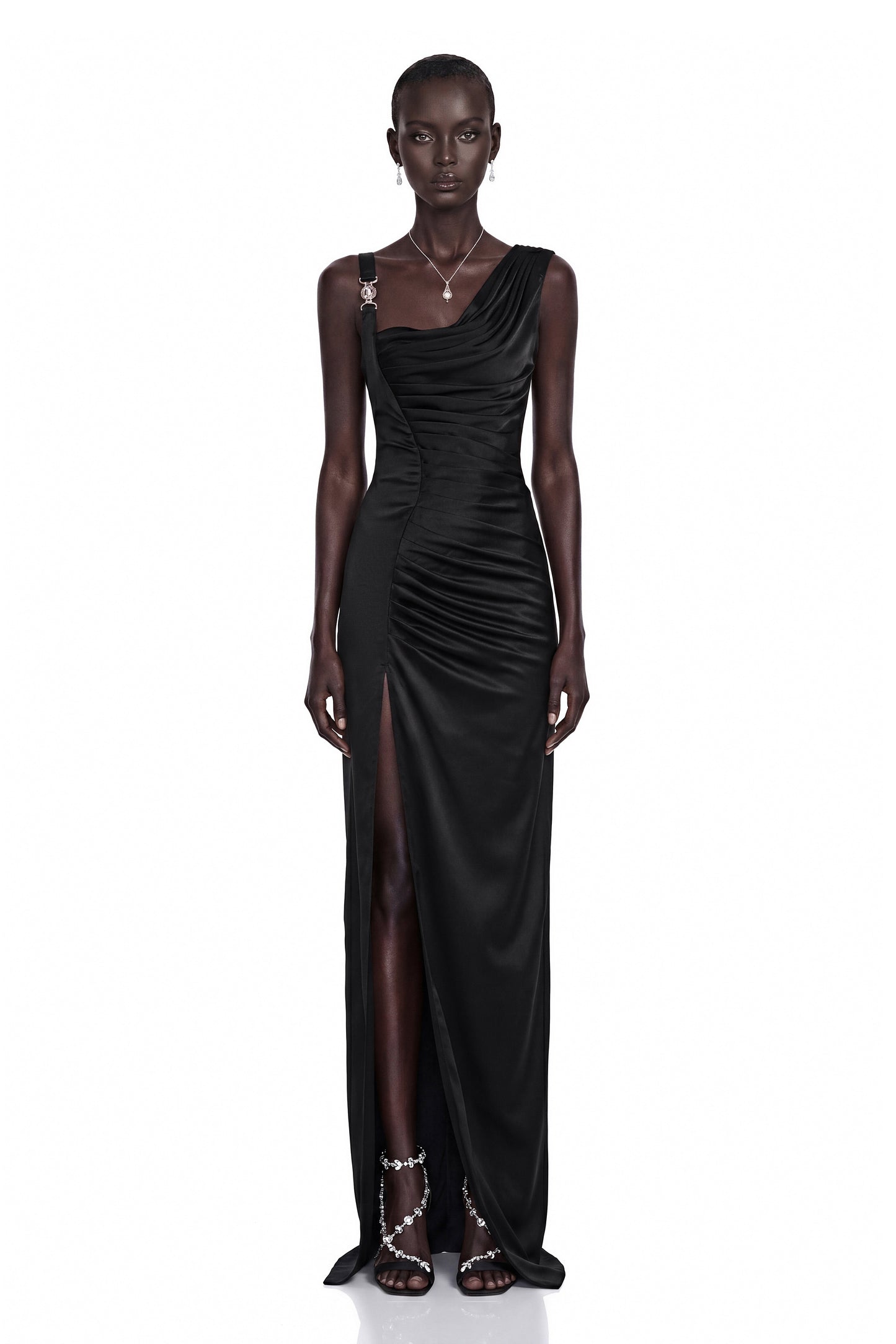 Calliope Siyah Asimetrik Dantelli Maxi Elbise