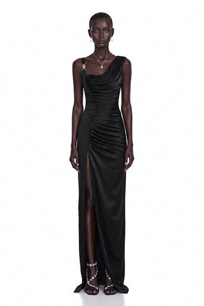 Calliope Siyah Asimetrik Dantelli Maxi Elbise