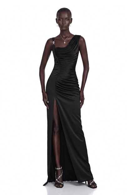 Calliope Siyah Asimetrik Dantelli Maxi Elbise