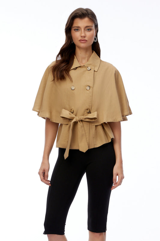 Camila Khaki Button Down Coat with Cape Sleeves