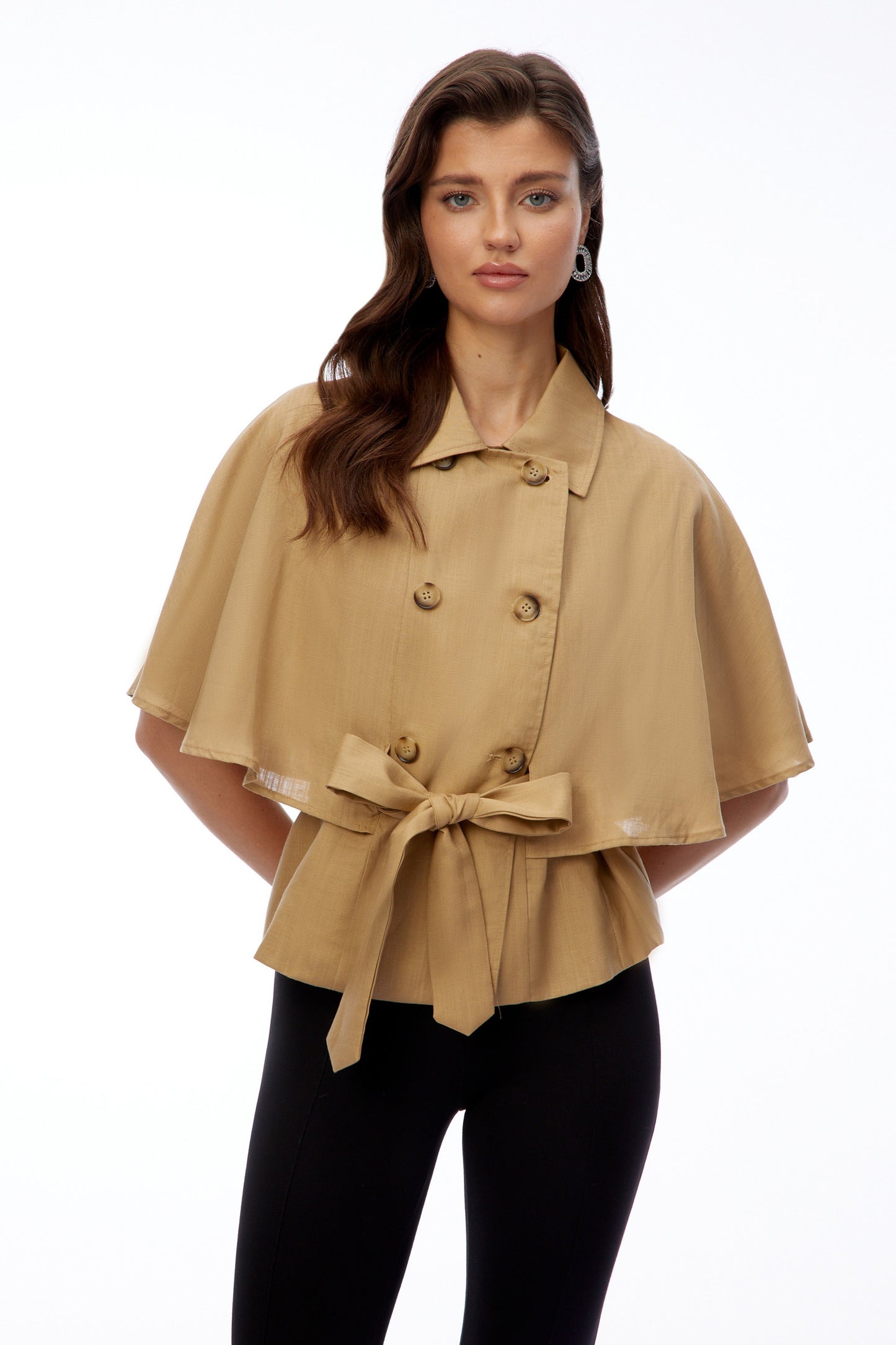 Camila Khaki Button Down Coat with Cape Sleeves