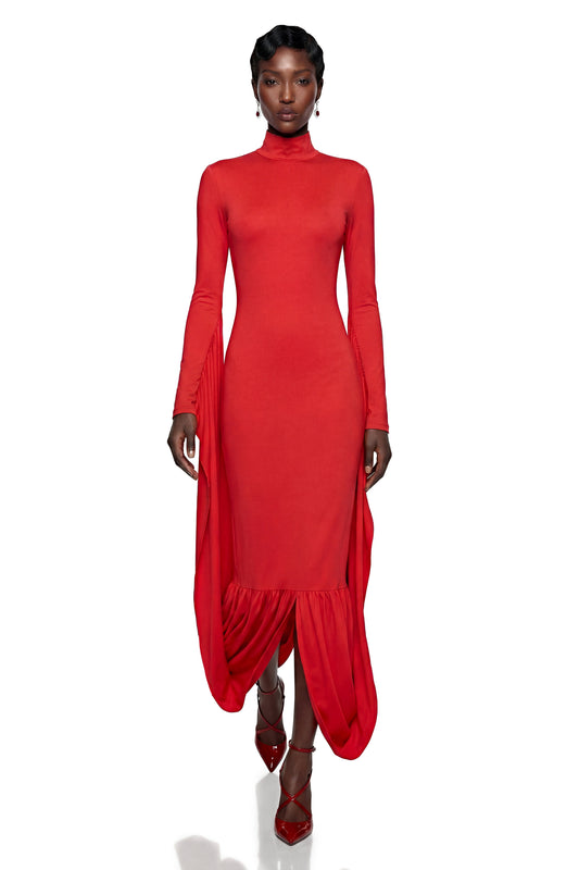 Camila Red Bodycon Midi Dress with Gathered balloon hem