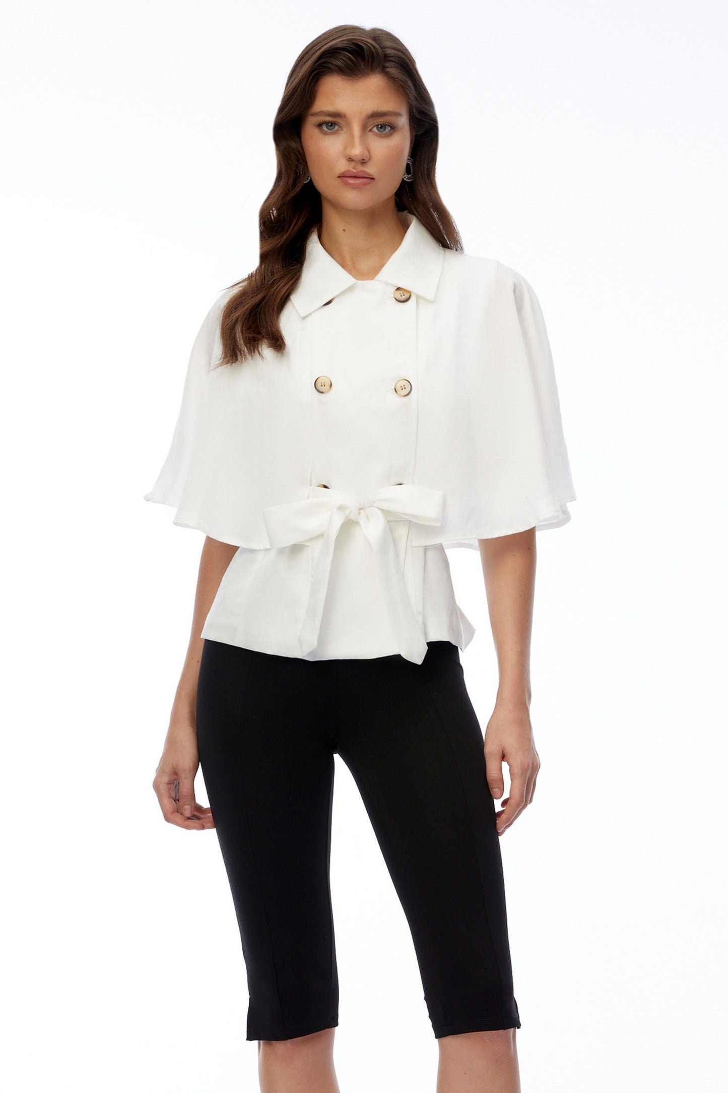 Camila White Button Down Coat with Cape Sleeves