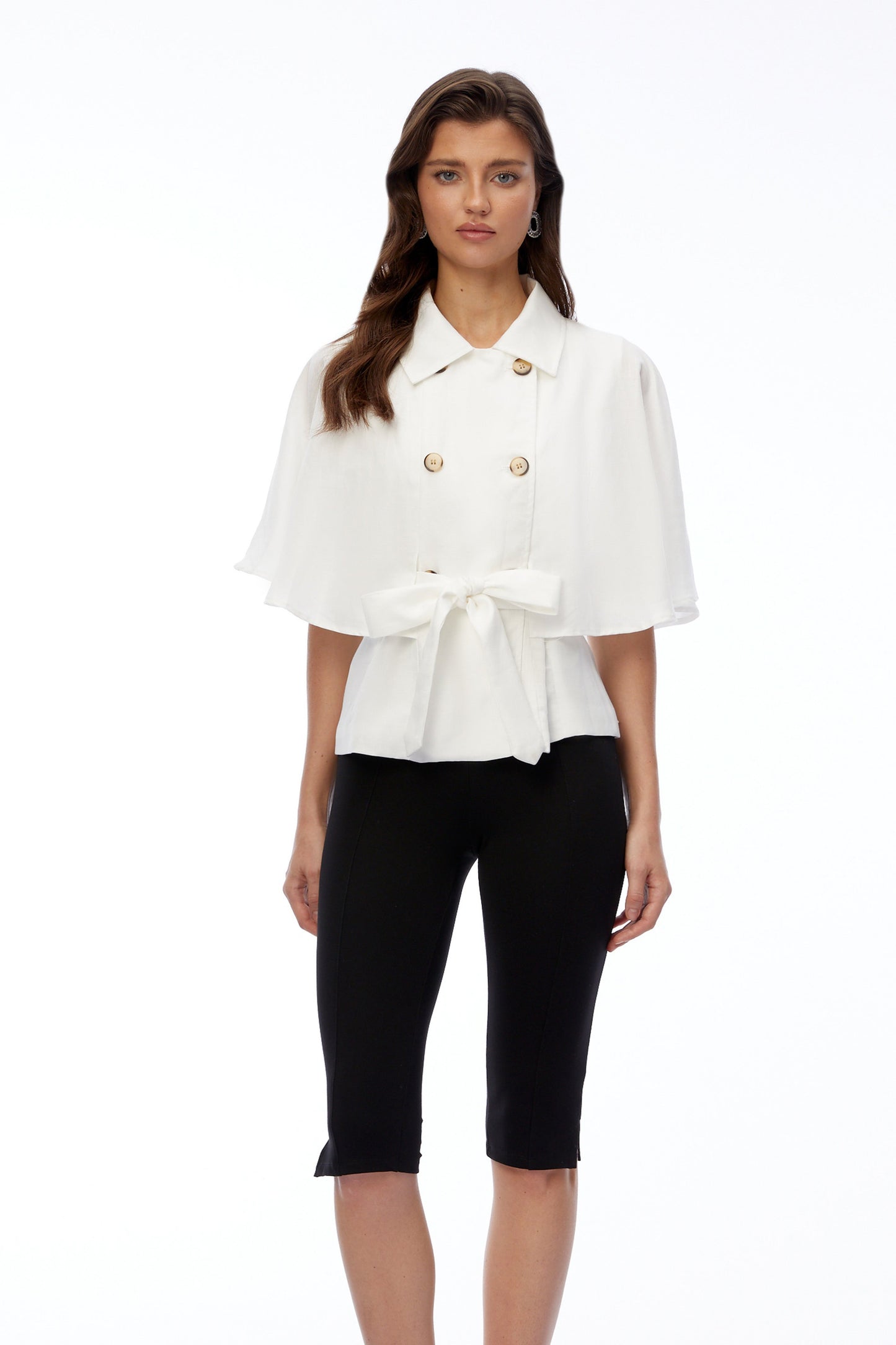 Camila White Button Down Coat with Cape Sleeves