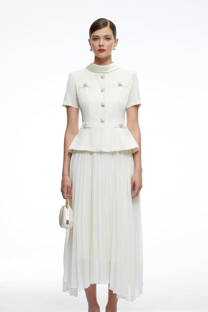 Camille Neutral Structured Pleated Midi Dress