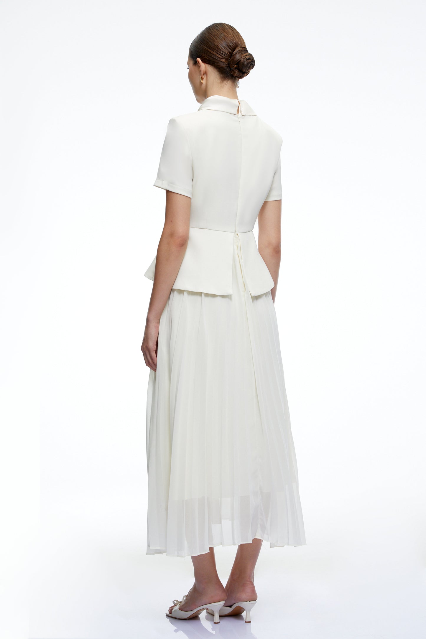 Camille Neutral Structured Pleated Midi Dress