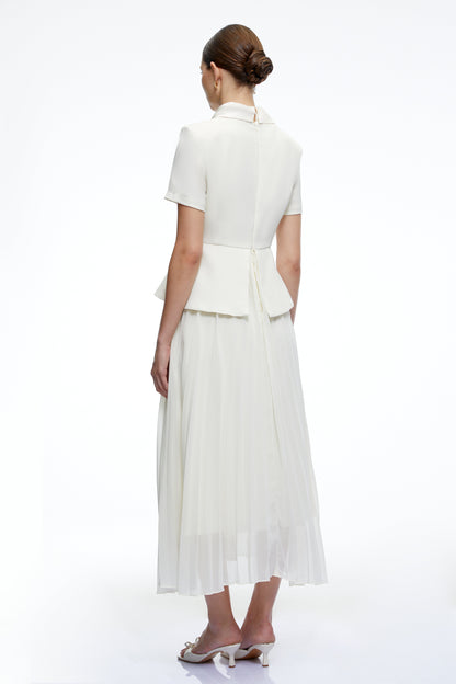 Camille Neutral Structured Pleated Midi Dress
