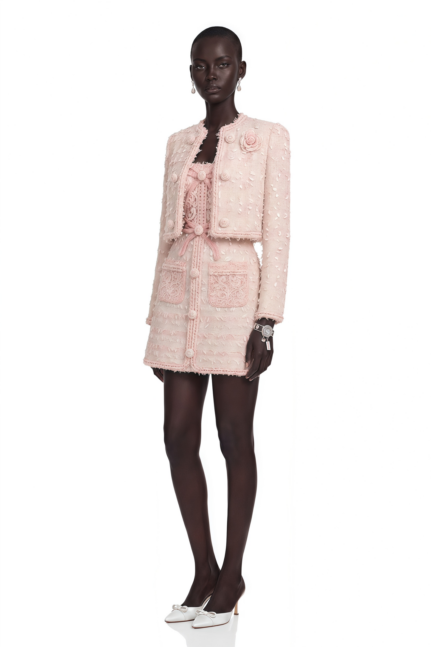 Camille Pink Tweed Jacket with 3D Floral & Lace Dress Set