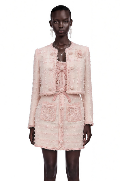 Camille Pink Tweed Jacket with 3D Floral & Lace Dress Set