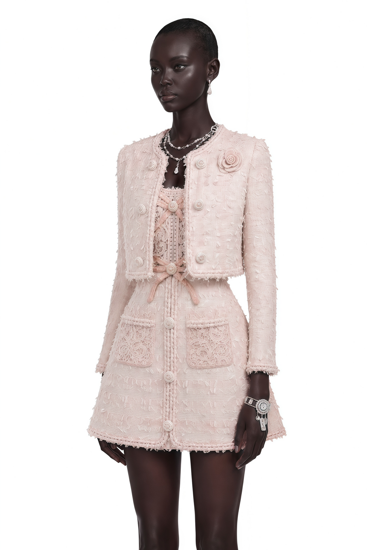 Camille Pink Tweed Jacket with 3D Floral & Lace Dress Set