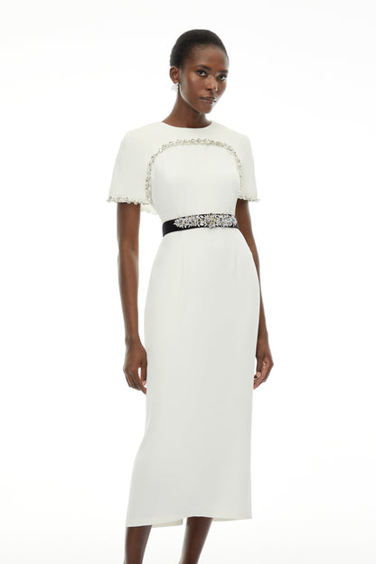 Camille White Embellished Midi Dress with Cape Sleeves