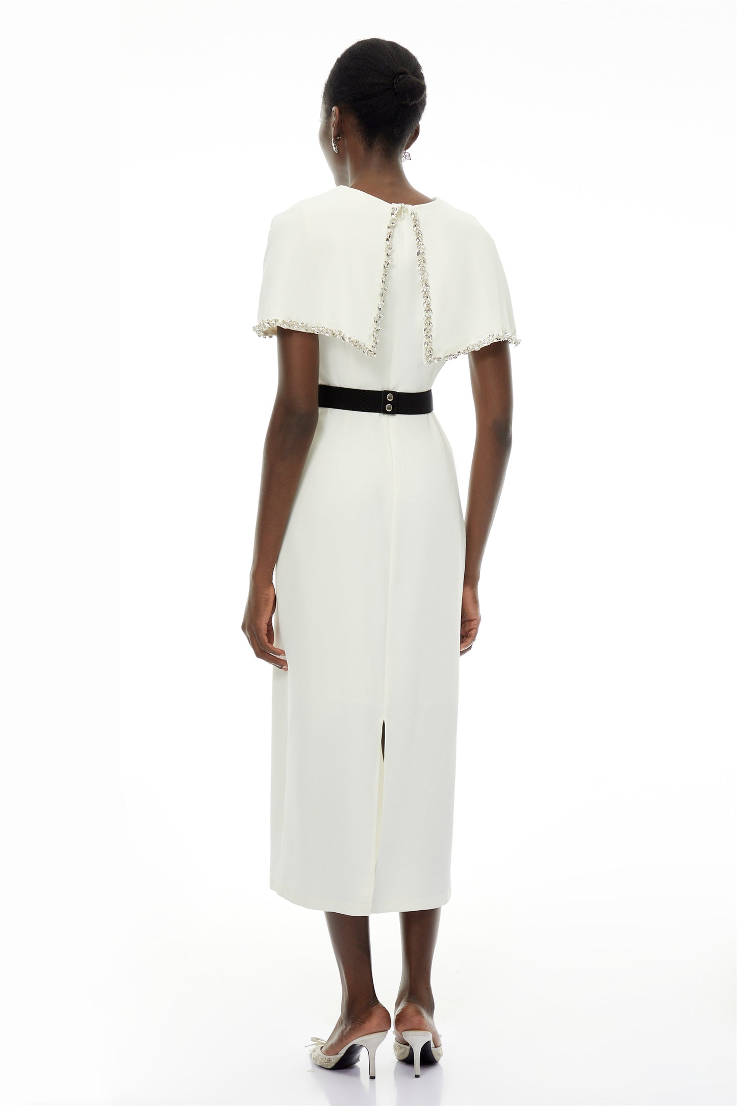 Camille White Embellished Midi Dress with Cape Sleeves