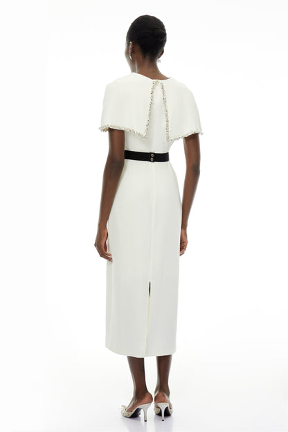 Camille White Embellished Midi Dress with Cape Sleeves