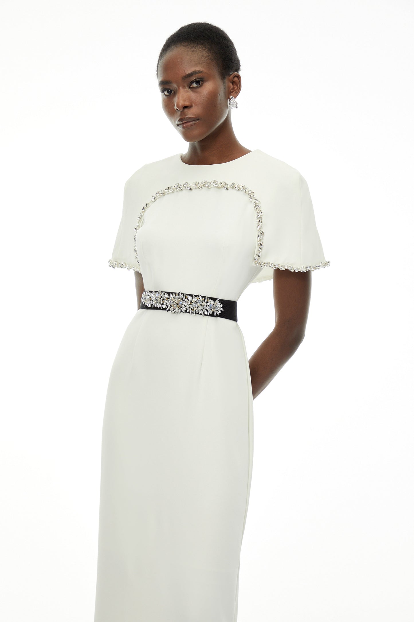 Camille White Embellished Midi Dress with Cape Sleeves