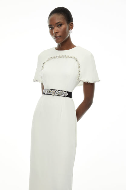 Camille White Embellished Midi Dress with Cape Sleeves